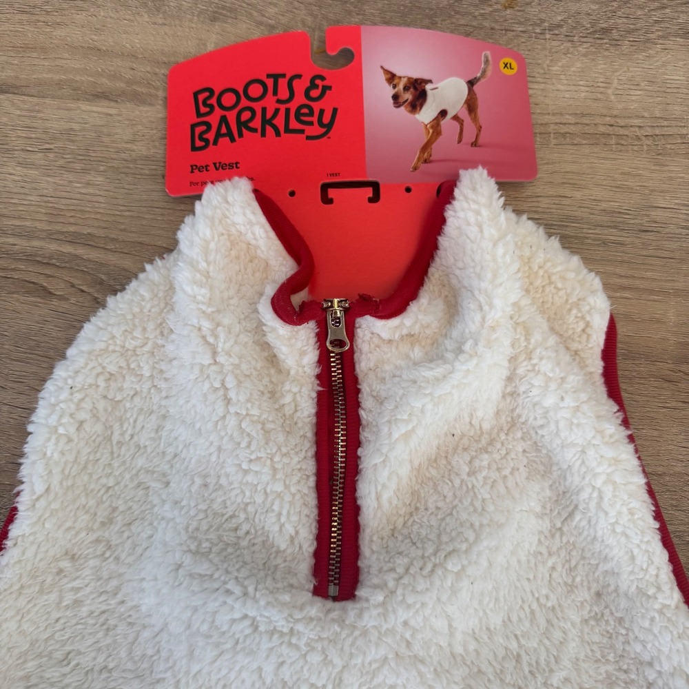 Boots & Barkley Pet Vest XL Cream Sherpa Fleece Red Trim Quarter Zip Dog Jacket‎